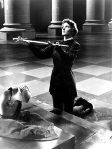 Ingrid Bergman in Joan of Arc. The pillars in the background can be seen in The Man from Planet X.