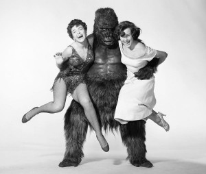 Gorilla men have all the fun: Barrows with Anne Bancroft and Charlotte Austin for Gorilla at Large in 1954.