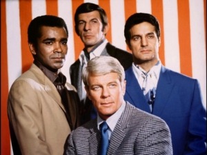 Peter Graves at the bottom, with fellow Mission: Impossible cast Greg Morris, Leonard Nimoy of Star Trek fame and Peter Lupus in 1968. 