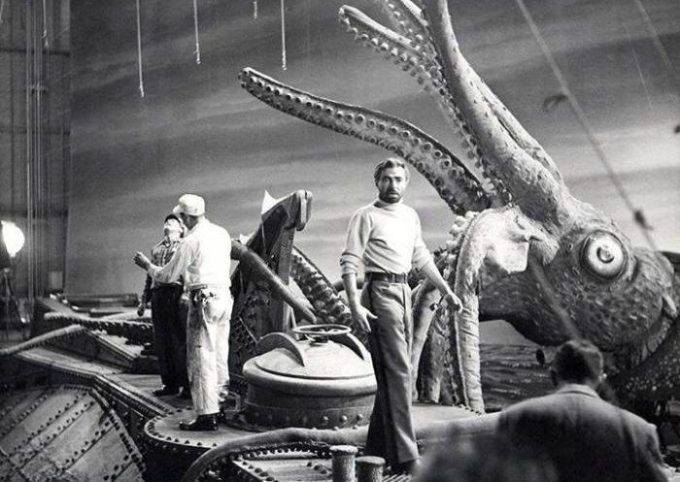James Mason on set with the squid. 