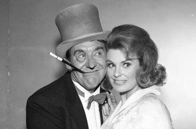 Kathleen Crowley with Burgess Meredith / The Penguin on the set of the TV show Batman in 1966. 
