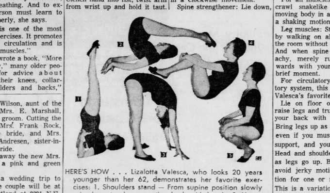 Valesca showing off her morning gymnastics for an Associated Press article, 62 years old at the time, in 1964. 