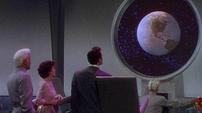 Jeff Morrow, Faith Domergue, Rex Reason and Lance Fuller watching Earth from afar. 
