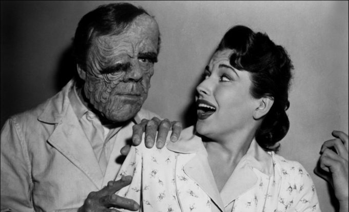 Leo G. Carroll in full makeup with Mara Corday. 
